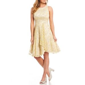 NWT Alex Marie Claire Citron/Gold Floral Embroidered Faux Wrap Fit&Flare Dress 2